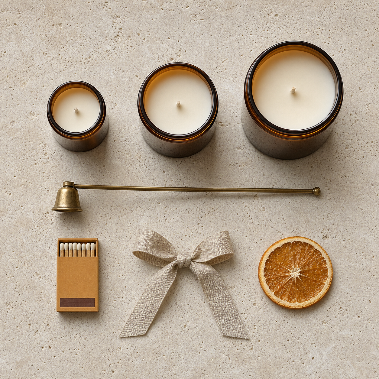 Top-down knolling flat-lay of a handmade Etsy candle bundle on pale travertine — three amber-glass candles, a brass snuffer, a matchbook, a linen ribbon, and a dried orange slice — AI-generated example of the slot-4 what's-included listing photo for a candle maker.