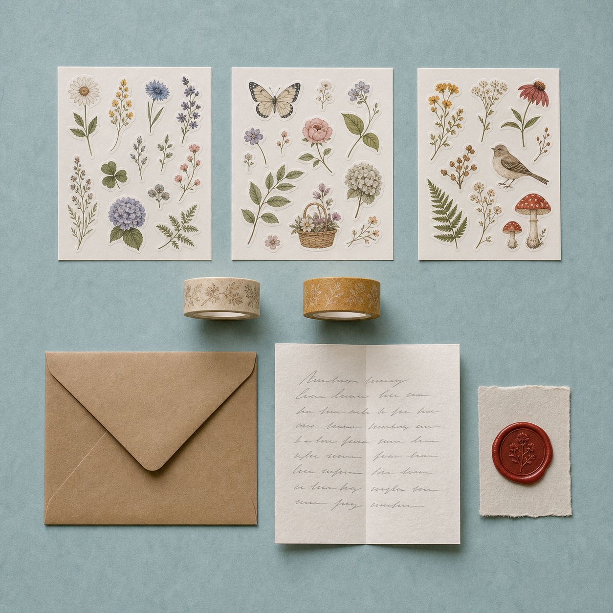Top-down knolling flat-lay of a handmade Etsy stationery and sticker order on dusty patina-blue paper — three sticker sheets, two rolls of washi tape, a kraft envelope, a handwritten note, and a small red wax seal — AI-generated example of the slot-4 what's-included listing photo for a stationery and paper-goods shop.