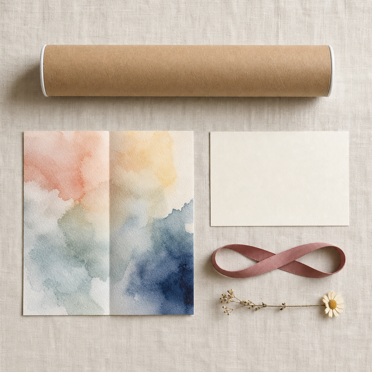 Top-down knolling flat-lay of an Etsy art-print order on washed cream linen — a folded watercolor art print, a cardboard mailing tube, a cream thank-you postcard, a dusty-rose grosgrain ribbon, and a single dried wildflower — AI-generated example of the slot-4 what's-included listing photo for a print or poster shop.