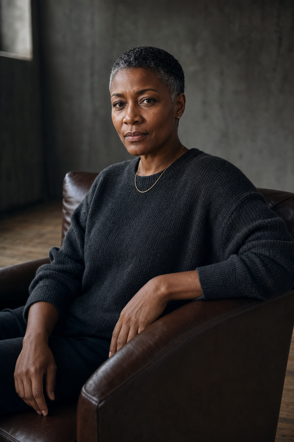 Cinematic editorial AI founder portrait of a 44-year-old freelance creative director in a charcoal knit, seated three-quarters in a chocolate-brown leather chair against a dark concrete wall with single window key light, identity-locked through the realistic AI headshot prompt.