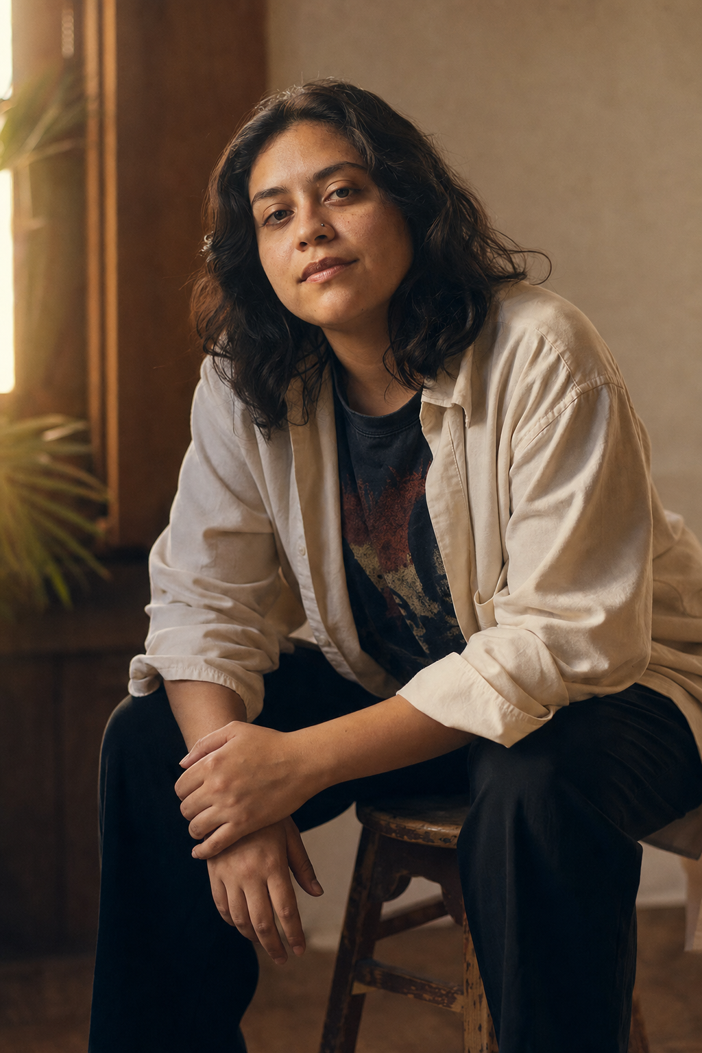 Cinematic editorial AI founder portrait of a 28-year-old non-binary Gen-Z indie creator with dark wavy hair, in a vintage band tee under an oversized cream oxford, on a wooden stool with golden-hour window light, identity-locked through the realistic AI headshot prompt.