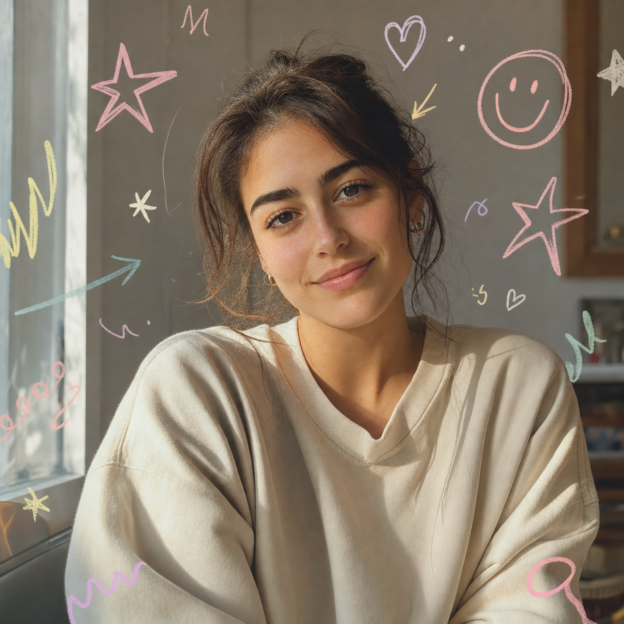 AI indie-creator About-page portrait teaser: 1:1 square, warm side light through a window, soft pastel doodles drawn around the subject.