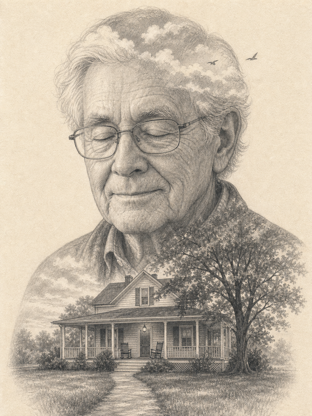 Pencil-sketch double-exposure portrait of an 80-year-old man's face on warm cream paper, with a small family home, wraparound front porch, and two empty rocking chairs revealed inside his silhouette, the memorial-register variant of the AI Father's Day gift prompt, suitable for a late-father remembrance frame.