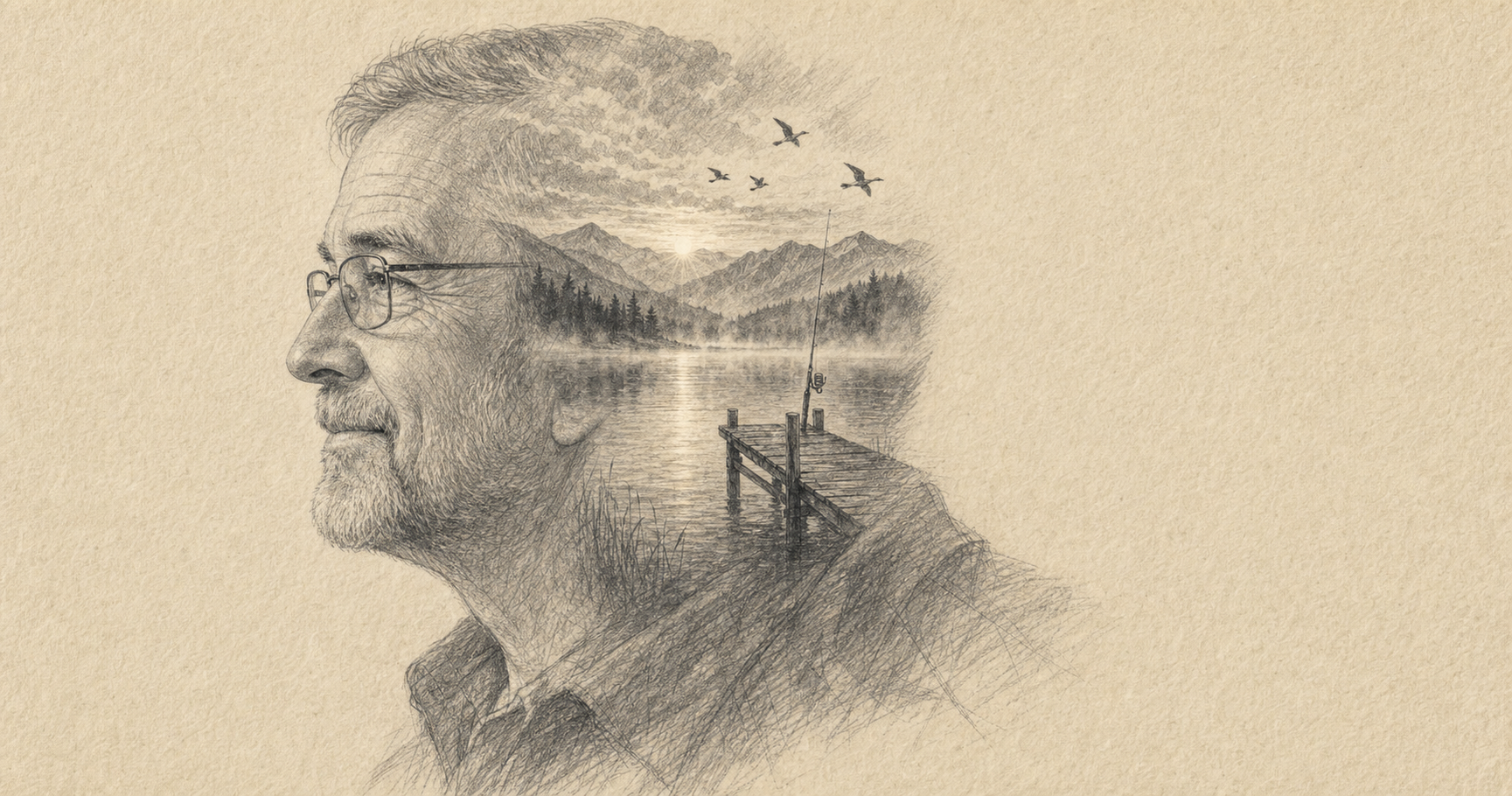 Hand-drawn pencil-sketch portrait of an older man's left-facing profile on warm cream textured paper, with a misty sunrise mountain lake, a wooden fishing dock, and a single fishing rod hidden inside his silhouette, an AI-generated Father's Day gift example showing the double-exposure pencil technique.