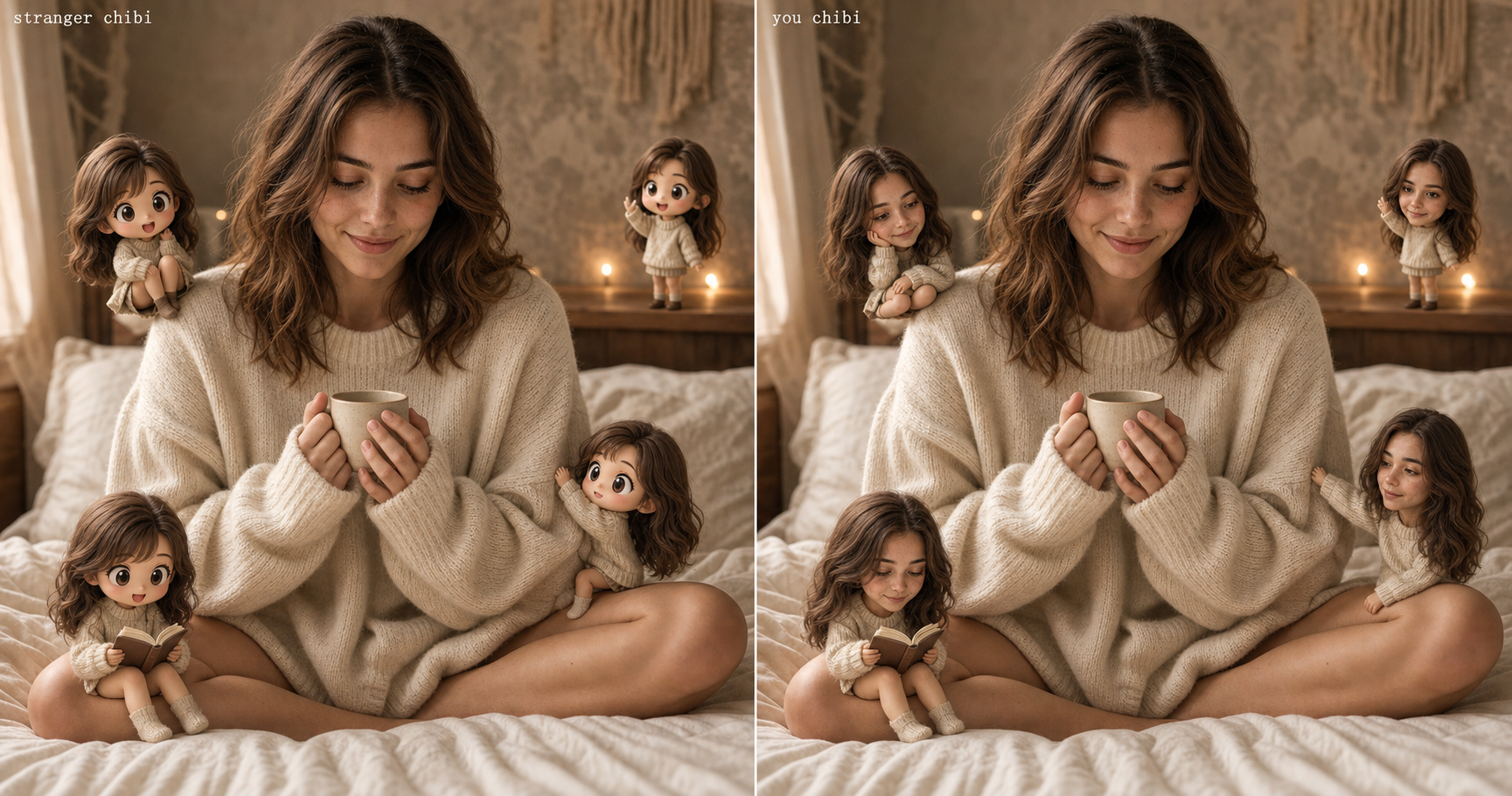 Side-by-side comparison showing the chibi mini-me trend failure mode on the left (chibis with generic anime-girl faces around a real woman) versus the identity-locked version on the right (chibis that are clearly tiny versions of the same woman), illustrating why most chibi mini-me AI prompts make the tiny figures look like strangers and how identity-lock fixes it.
