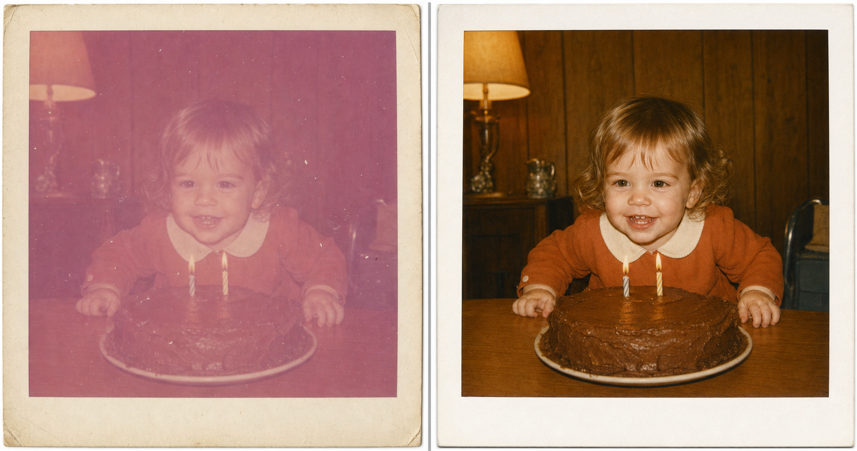 Before/after side-by-side of a 1972 toddler birthday-party Polaroid square photo, original on the left with heavy magenta fade and dust spots, restored version on the right showing the toddler's same face, same chocolate cake, and same warm-toned 1970s living room. An example of AI photo restoration fixing Polaroid fade without changing the child.
