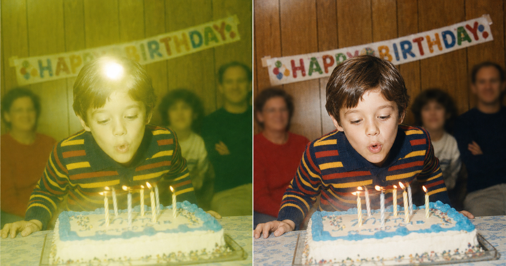 Before/after side-by-side of a 1985 indoor birthday-party snapshot of a child blowing out candles, original on the left with on-camera flash glare, green-yellow color shift, and motion blur, restored version on the right with natural color and exposure but the child's gap-tooth smile, the candle motion, and the blurred family in the background all preserved.