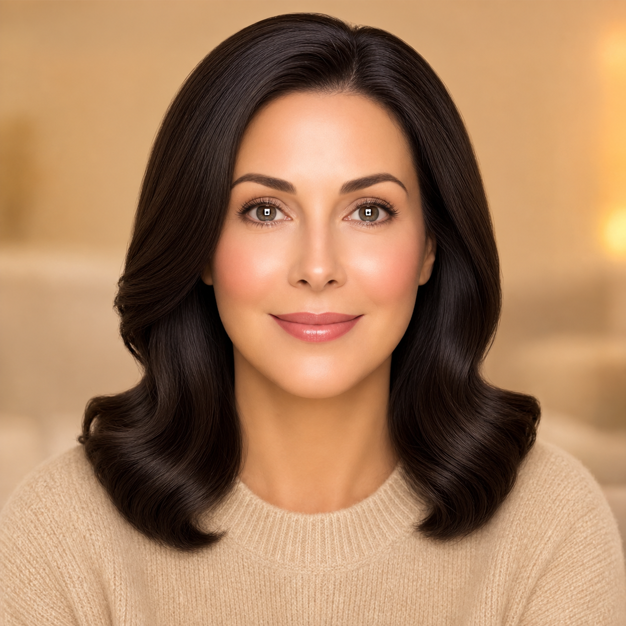 Example of waxy plastic AI photo of a 40-something woman with glossy poreless skin and AI-default symmetric features, the failure mode that makes AI images look fake.