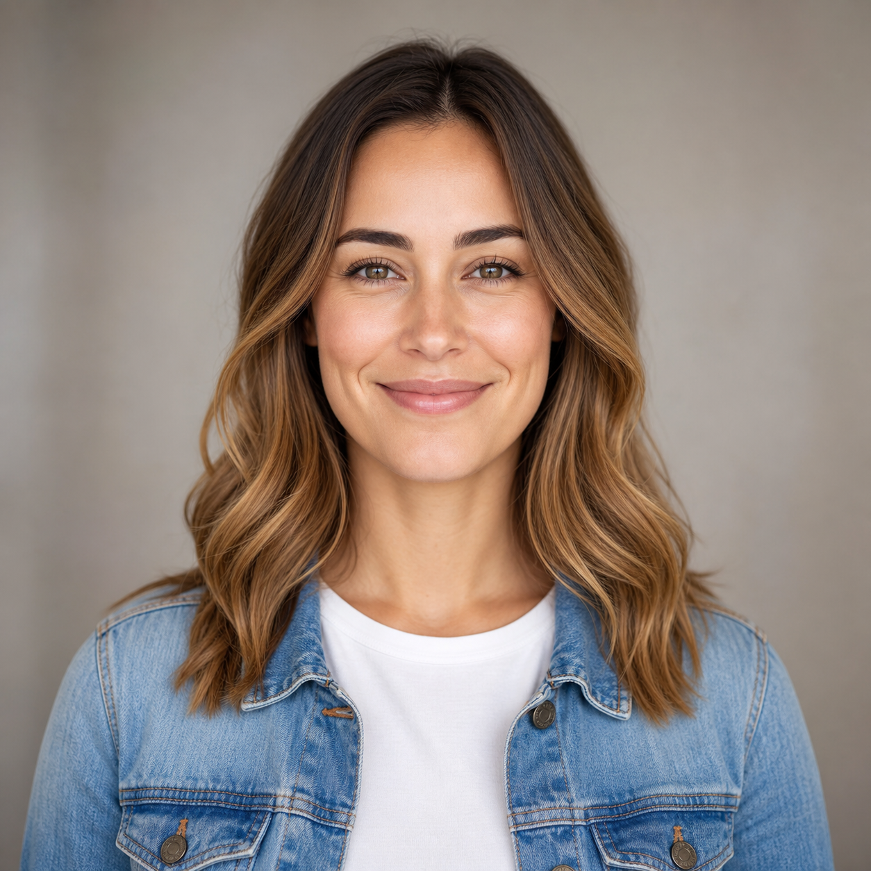 Example of a generic AI profile pic of a 32-year-old woman in a dead-centered stock-photo pose with neutral bokeh background, the AI default composition that screams stock-photo cliche.