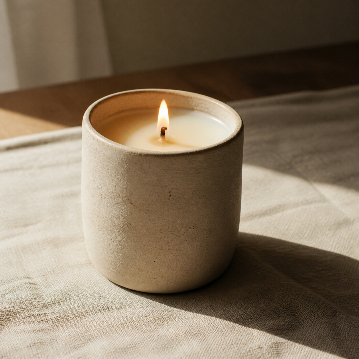 Realistic AI Etsy product photo of the same handmade soy candle with matte ceramic texture, directional window light, linen surface and natural shadow, the fixed version after applying the material plus lighting plus grit stacking prompt.