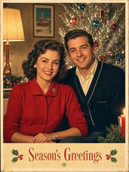 Christmas Card Through the Decades — Us, Re-Rendered Across Eras preview