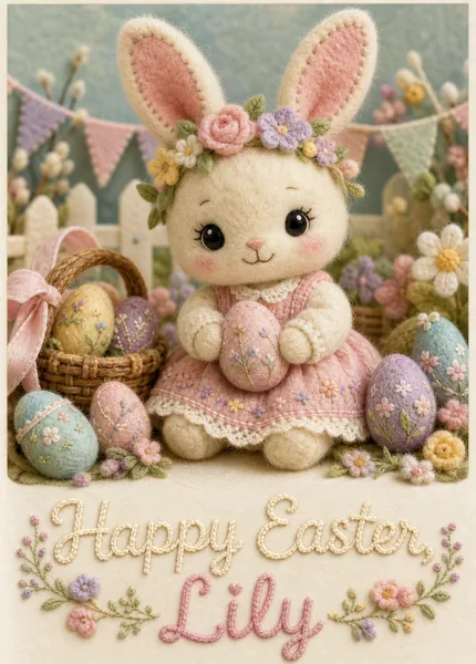 Easter Card for Kids — Kawaii Felt Bunny with Their Name preview