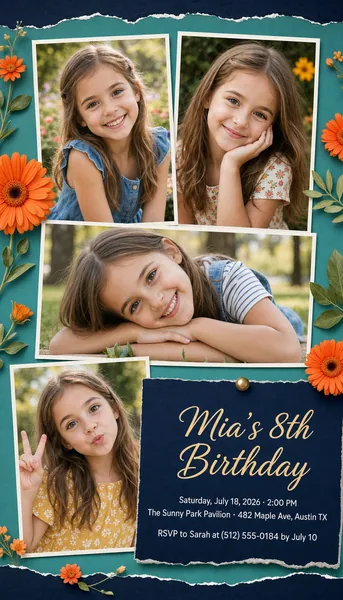Photo Collage Birthday Invitation — Four Portraits with Event Details preview