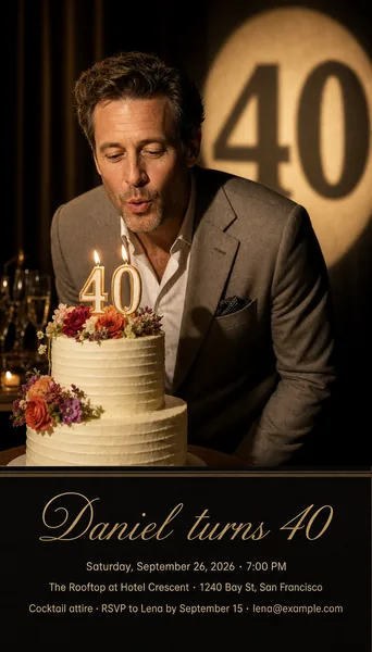 Cinematic Birthday Portrait Invite — Spotlight Age on the Wall preview