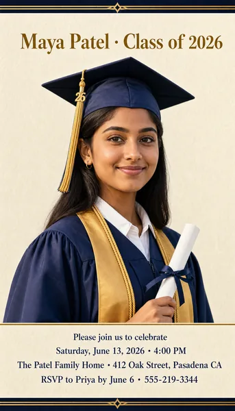 Graduation Party Invitation — Cap, Gown, and Class-of-Year Portrait preview