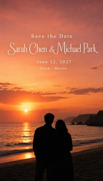 Beach Save-the-Date — Sunset Silhouette Couple at the Shore preview