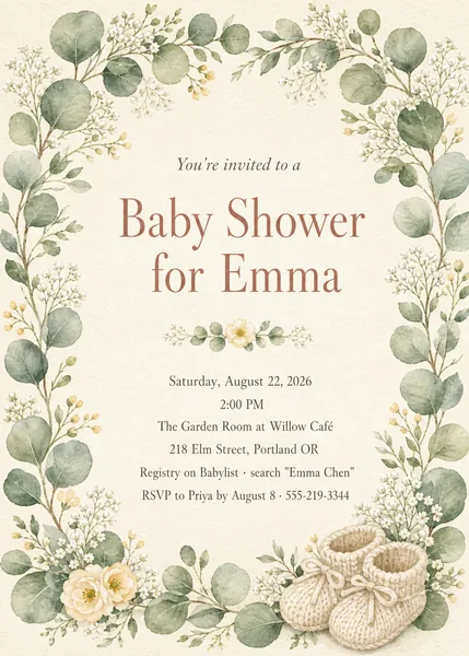 Baby Shower Invitation — Soft Watercolor Botanical Card preview