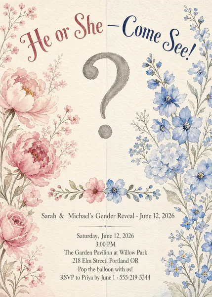 Gender Reveal Invitation — Pink-or-Blue Split Watercolor Card preview