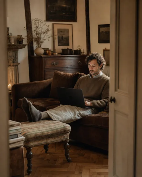 Cozy Cottage Laptop Founder Shot — Indie-Creator Environmental Portrait at the Desk preview